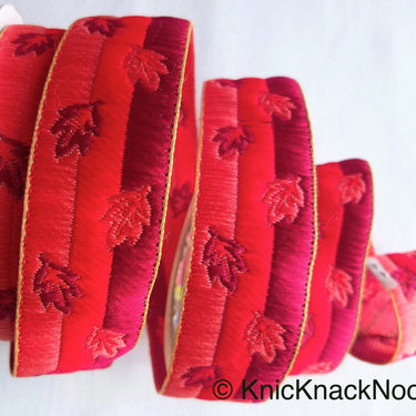 Red Embroidered Trim With Three Tones of Red Threads, Leaf Embroidery Trim, Approx. 34mm wide - 210119L43